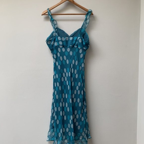Y2K Silk Midi Dress Fits UK 12 Bias Cut Sleeveless Party With Cover Up Teal Spot - Picture 3 of 12